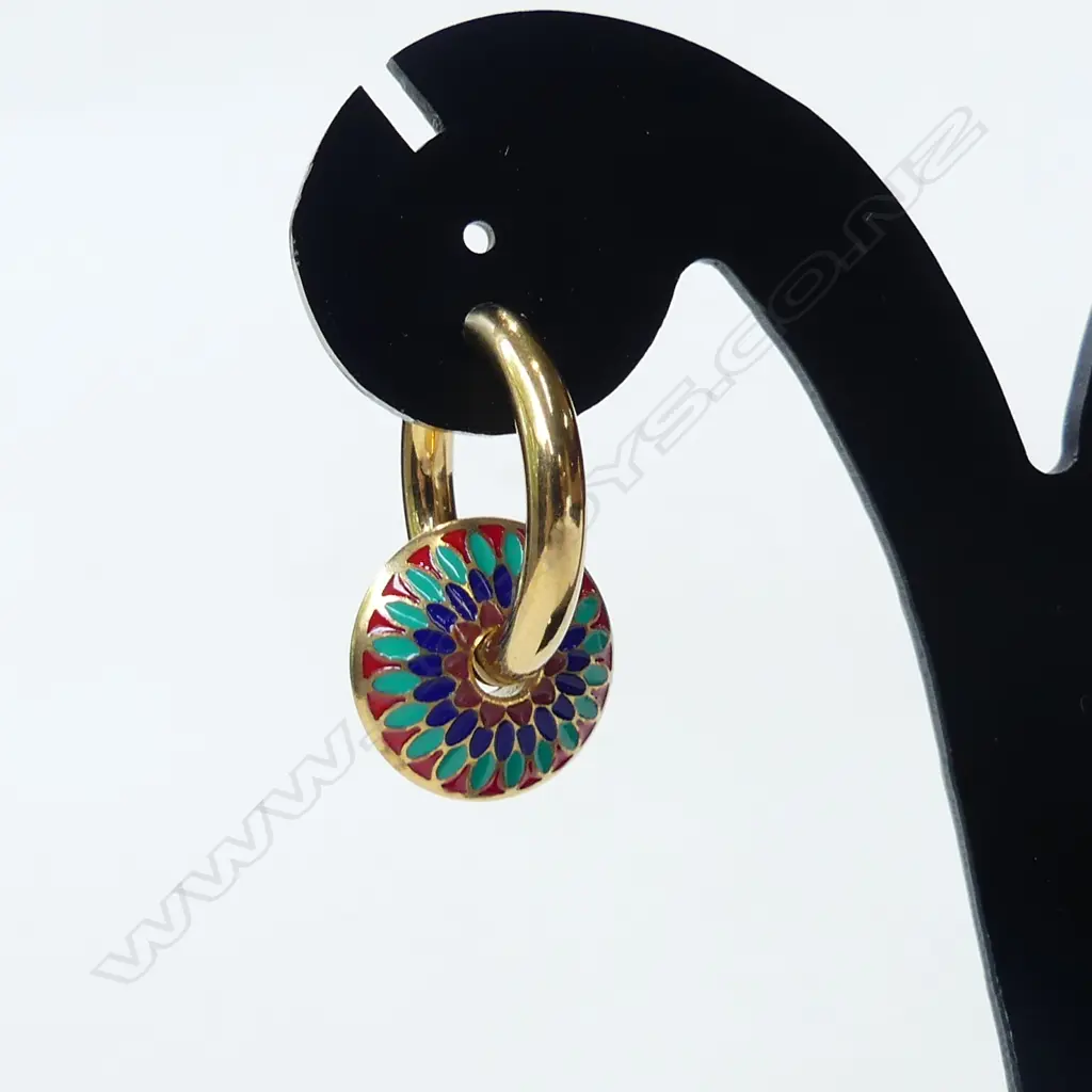GOLD GILT & ENAMEL RETRO HOOP & DISC EARRINGS  Image 1++