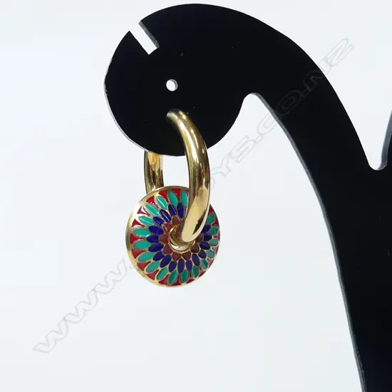 GOLD GILT & ENAMEL RETRO HOOP & DISC EARRINGS 