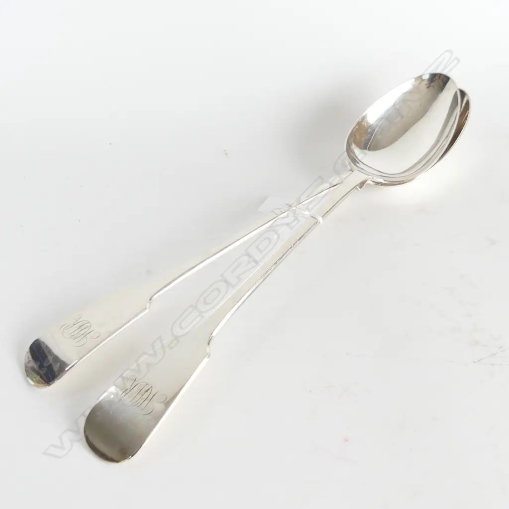 PR LG FIDDLE BACK MONOGRAMMED SILVER PLATE SERVING SPOONS L. 310mm & BOXED VTG SHELL SHAPE SERVING SPOON w BALL HANDLE Image 1++