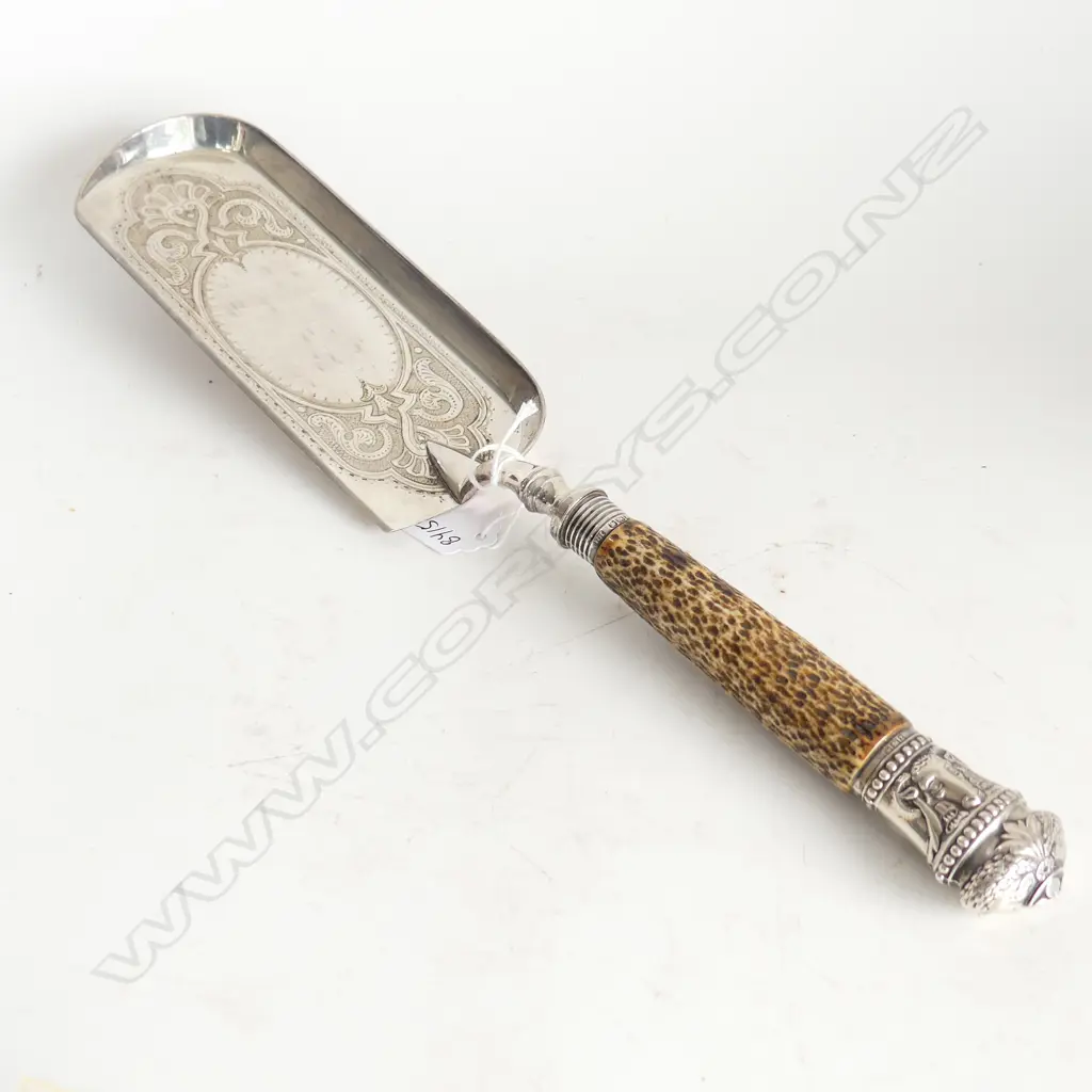 VICTORIAN SILVER PLATE engraved CRUMB TRAY antler handle silver embossed end Sheffield 1892 Image 1++