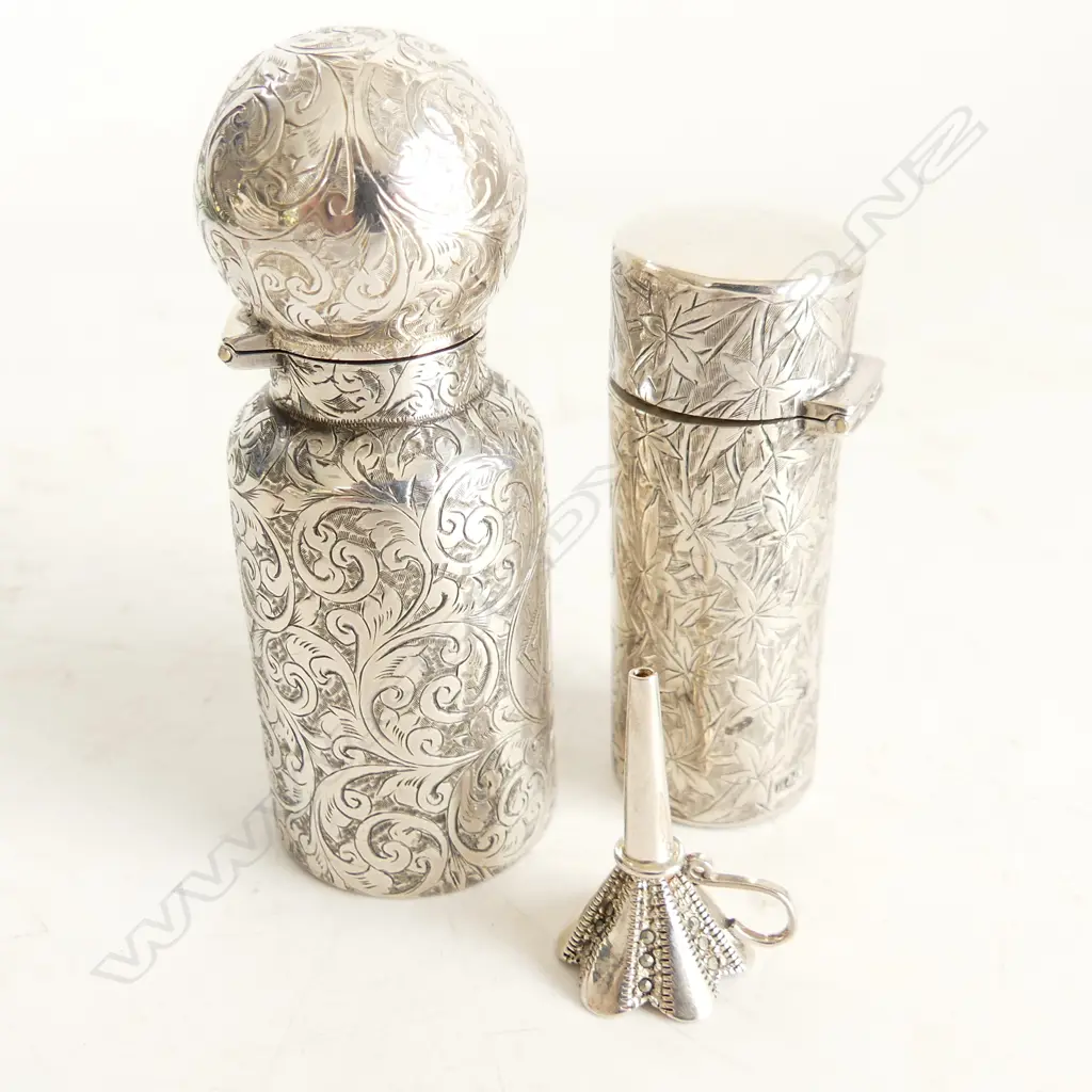 2 ENGRAVED STG SILVER SCENT BOTTLES, GLASS LINERS & STOPPERS (BOTH HALLMARKED)  + SM SILVER FUNNEL 91gms Image 1++
