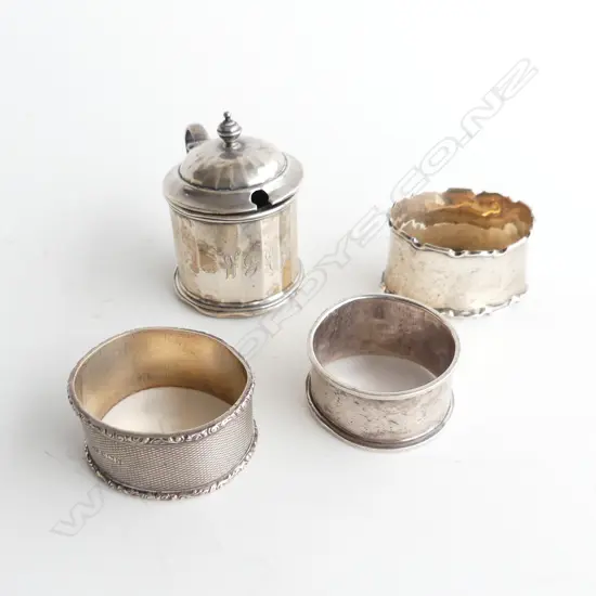 S/SILVER MUSTARD POT GLASS LINER & 3 S/SILVER NAPKIN RINGS TOTAL SILVER WEIGHT 71GRMS