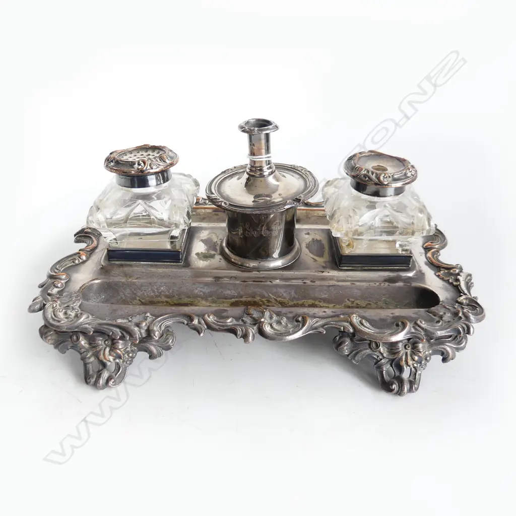 VICTORIAN SILVER OVER COPPER DESK SET W.270mm Image 1++