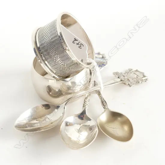 3 SILVER SOUVENIR SPOONS Auckland etc + 2 SILVER NAPKIN RINGS 76gms