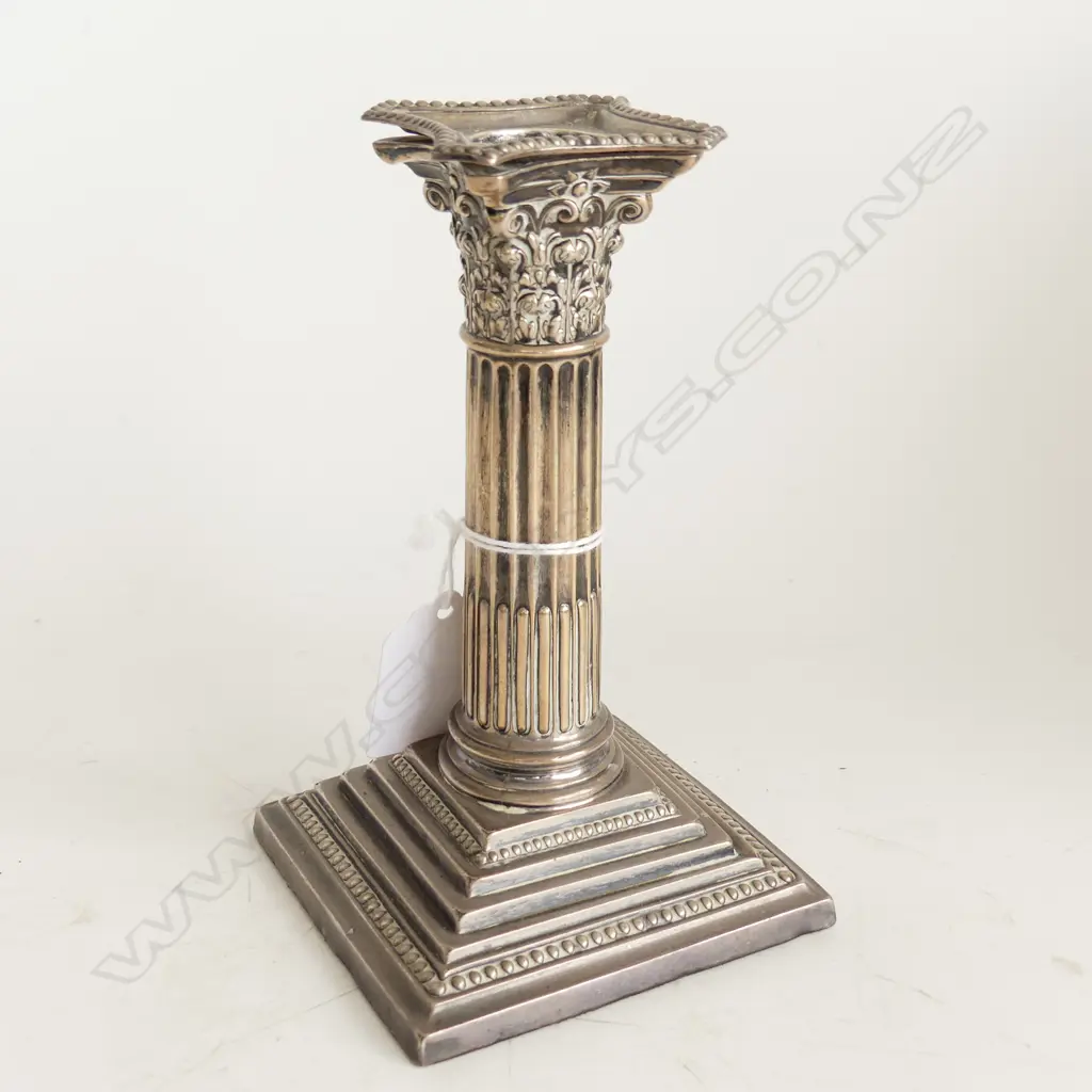 LATE VICTORIAN SILVER CORINTHIAN COLUMN CANDLESTICK Sheffield 1899 H.143mm weighted base 277gms Image 1++