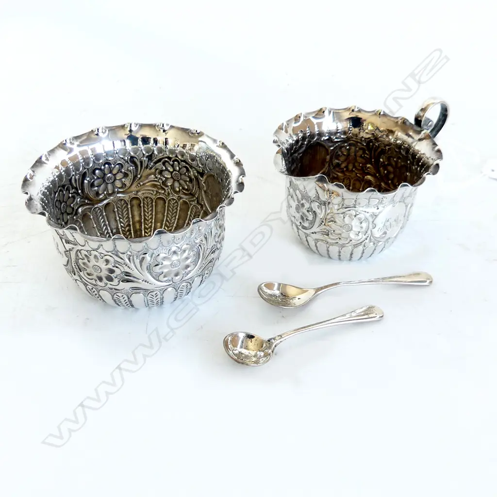ORNATELY DECORATED STG SILVER MILK JUG (H. 60mm) & SUGAR BOWL (DIA85mm) SHEFF. 1896 96gms + 2 SILVER MUSTARD SPOONS 16gm Image 1++