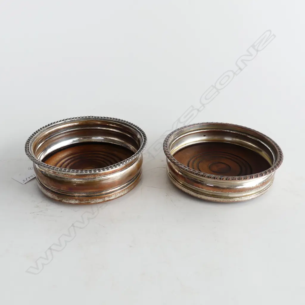 TWO ANTIQUE SILVER ON COPPER BOTTLE DECANTER COASTERS WITH GADROONED RIM & WOODEN BASES D. 135mm Image 1++