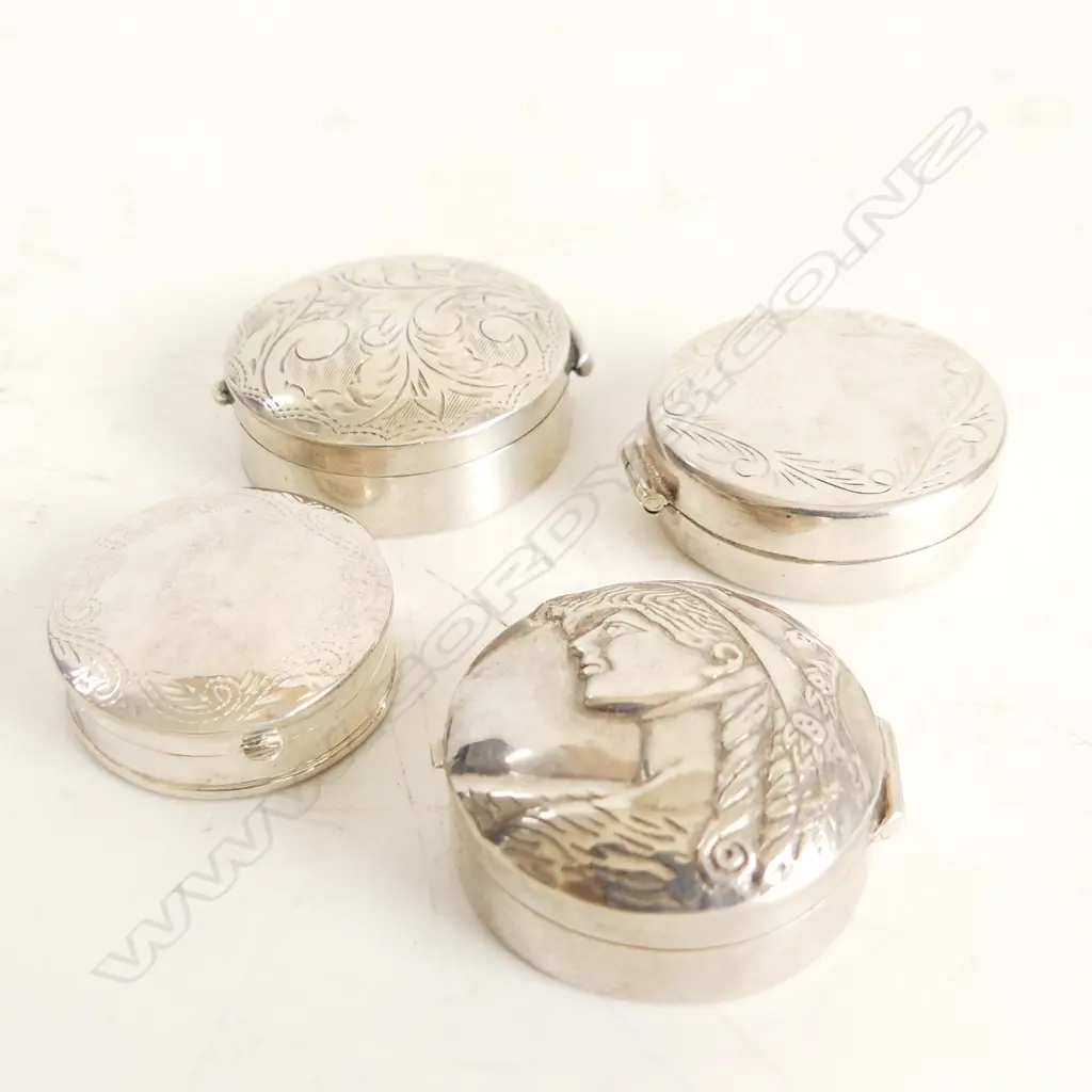 4 ROUND 925 SILVER PILL BOXES, 55gms Image 1++