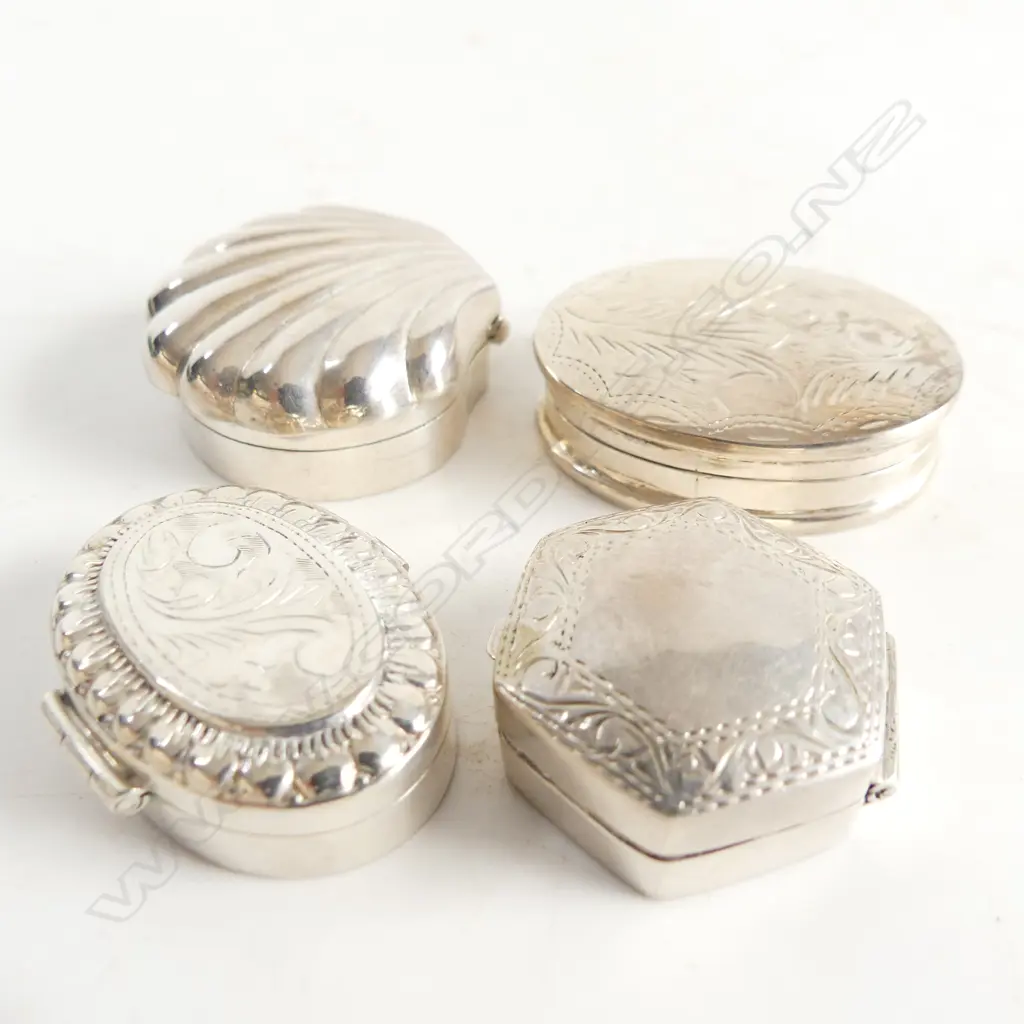 4 ASST 925 SILVER PILL BOXES, SHELL SHAPE, 2 OVAL & HEXAGONAL , 56gms Image 1++