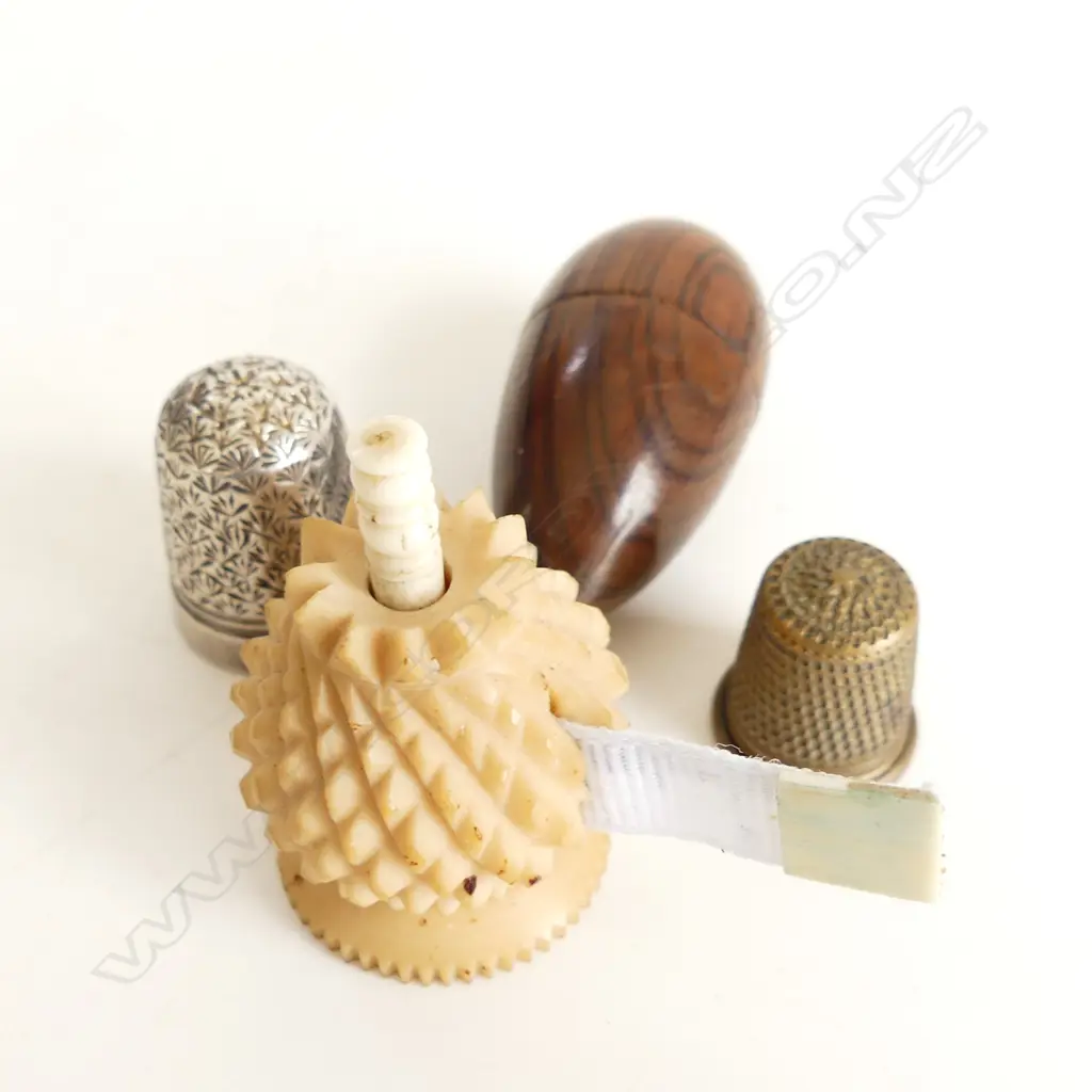 TAGUA NUT TAPE MEASURE, WOODEN EGG SHAPED THIMBLE HOLDER, 2 THIMBLES Image 1++