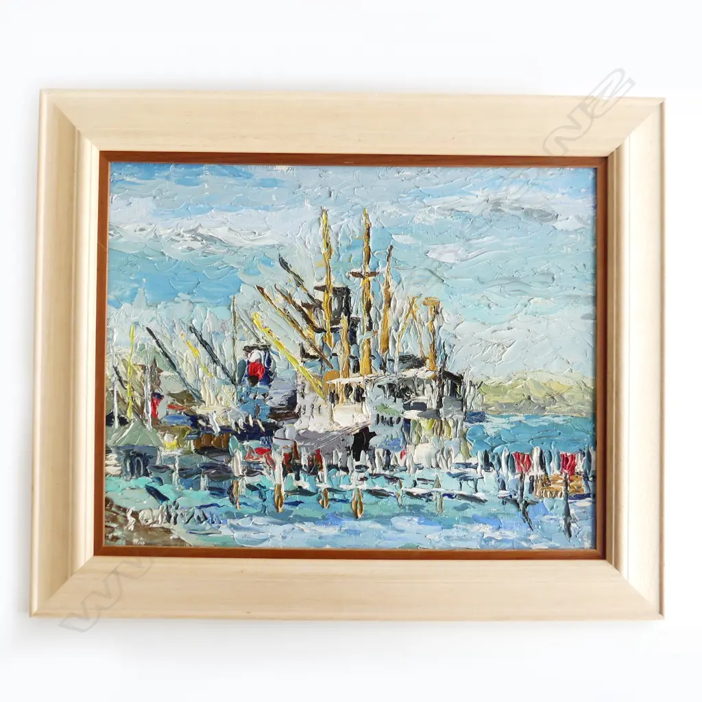 SULLIVAN, BOAT AT PIER, OIL ON BOARD, 340 X 440mm Image 1++