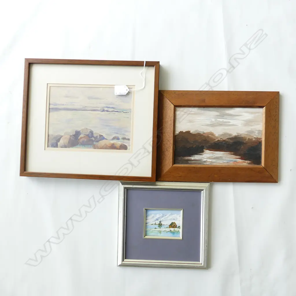 3 SM SCENIC PAINTINGS, 2 OILS ON BOARD, SIGNED (215X145mm, 90X70mm) & WATERCOLOUR, UNSIGNED (210 X 150mm) Image 1++