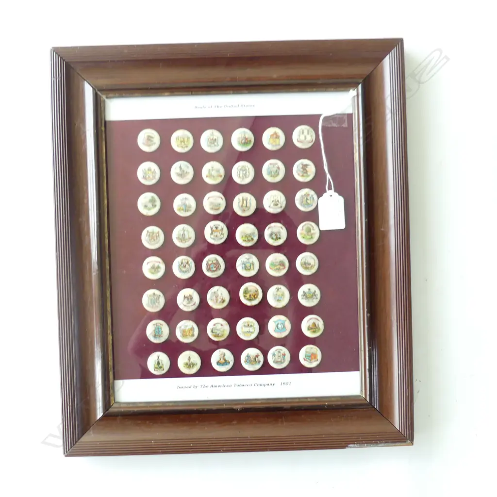 FRAMED SET OF 48 SEALS OF THE USA, ISSUED BY AMERICAN TOBACCO CO. 1901, .290 X 230mm Image 1++