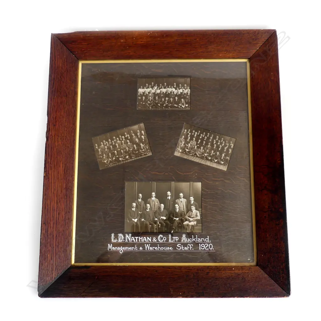 1920 L.D. NATHAN & CO AUCKLAND MANAGEMENT & WAREHOUSE STAFF OAK FRAMED PHOTOGRAPHS 660 X 590mm Image 1++