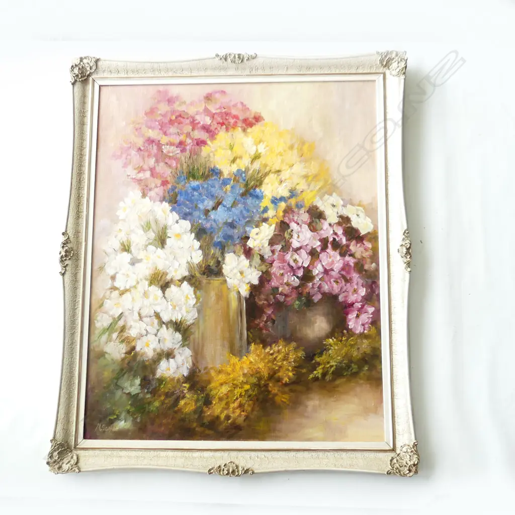 MARGUERITE SCALE, FLORAL STILL LIFE OIL ON BOARD 885x715mm Image 1++