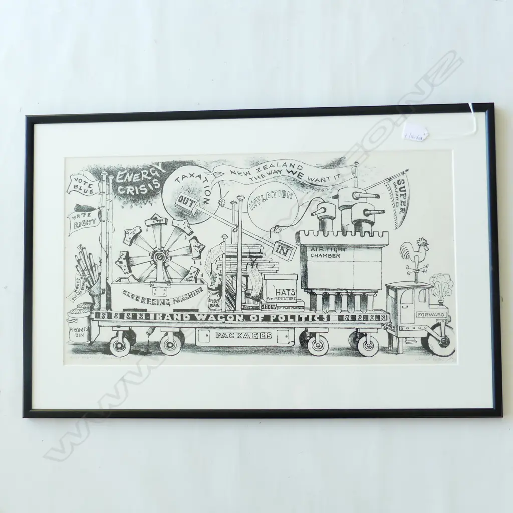 JULIET PETER (NZ 1915-2009) 'POLITICAL BANDWAGONS' LITHOGRAPH 4/30 '79 315x585mm Image 1++