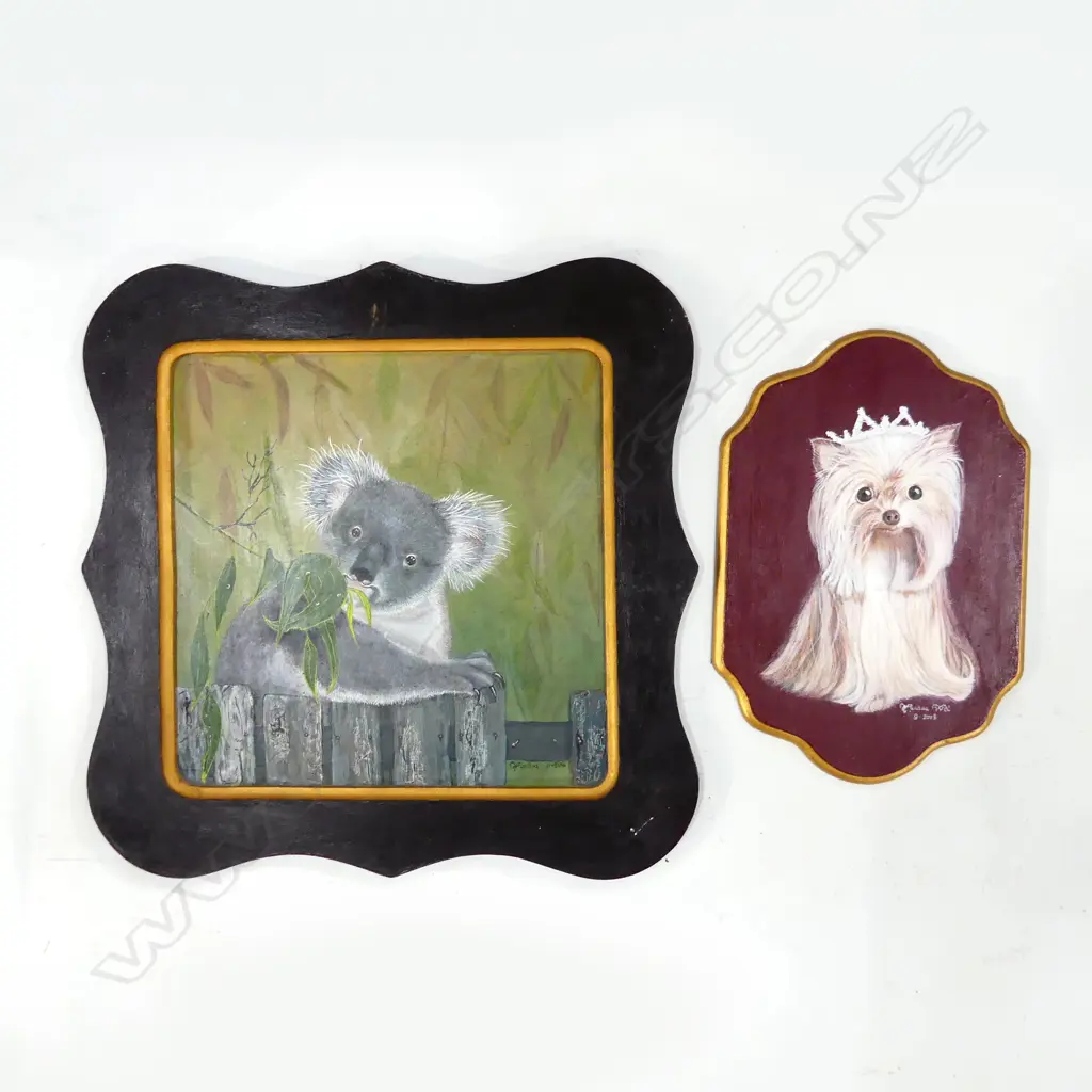 2 SIGNED OIL ON BOARD ARTWORKS; KOALA 280x280mm, PRINCESS DOG 290x200mm Image 1++