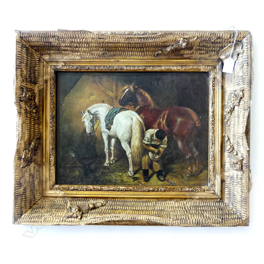 ANTIQUE STYLE PRINT; FARRIER & HORSES, 290x390mm IN GILT FRAME Image 1++