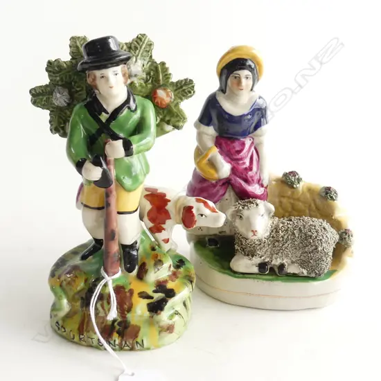 2 19thC FIGURINES; WOMAN w. SHEEP & 'SPORTSMAN' H.170mm
