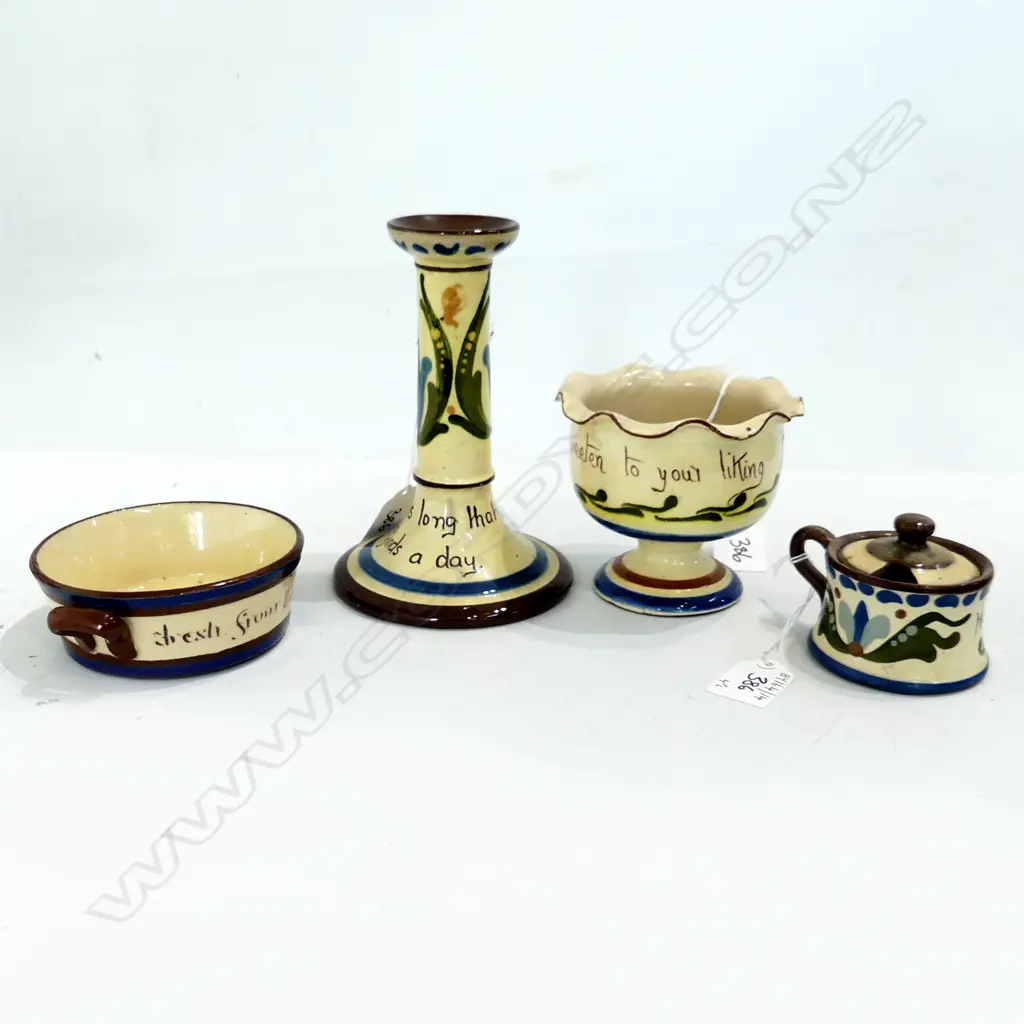4PCS TORQUAY CHINA MOTTO WARE CANDLESTICK H160MM 2 HANDLED DISH DIA100MM VASE & MUSTARD POT  Image 1++