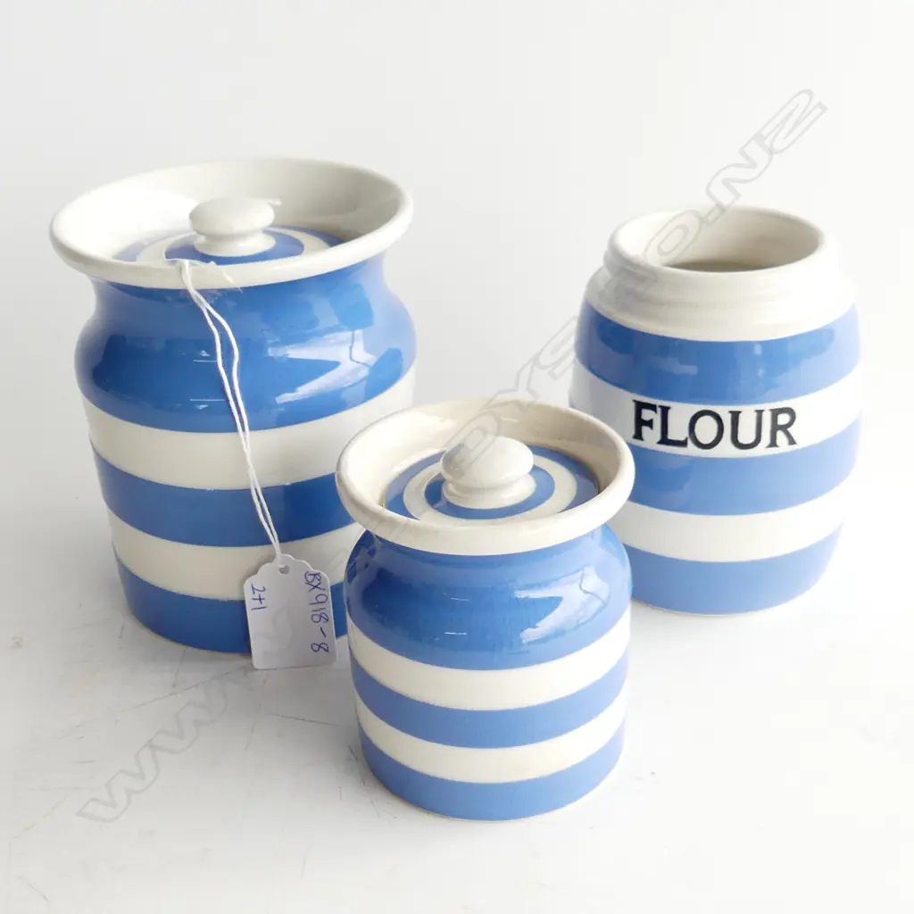 TG GREEN BLUE & WHITE CORNISHWARE CANISTERS (H. 85, 120mm) + FLOUR SHAKER MISSING LID  Image 1++