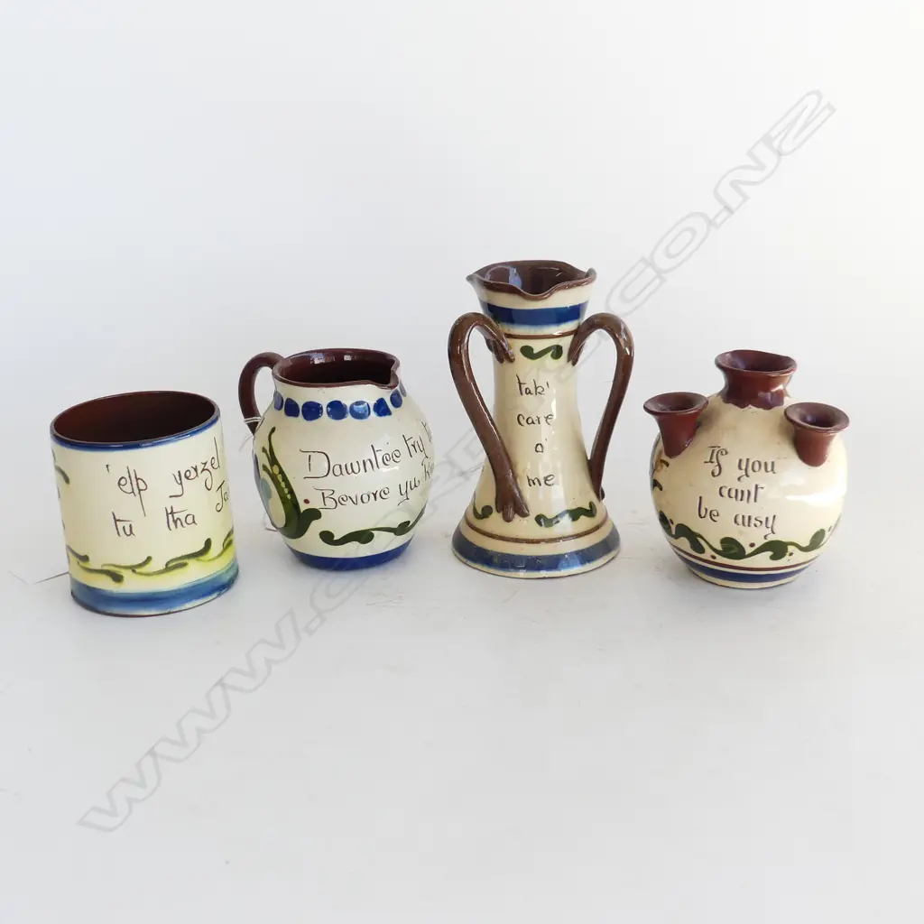 4PCS TORQUAY CHINA MOTTO WARE TRI HANDLED VASE H145MM TULIP VASE H110MM JUG H100MM & BEAKER H90MM Image 1++