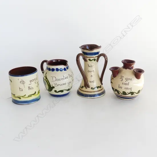 4PCS TORQUAY CHINA MOTTO WARE TRI HANDLED VASE H145MM TULIP VASE H110MM JUG H100MM & BEAKER H90MM