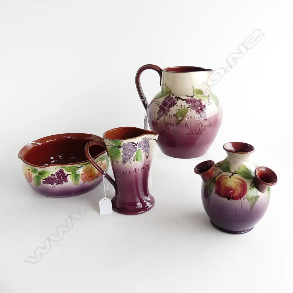 4 PCS TORQUAY WARE GRAPE PAT 2 JUGS TALLEST H190MM BOWL DIA200MM & VASE 155MM Image 1++