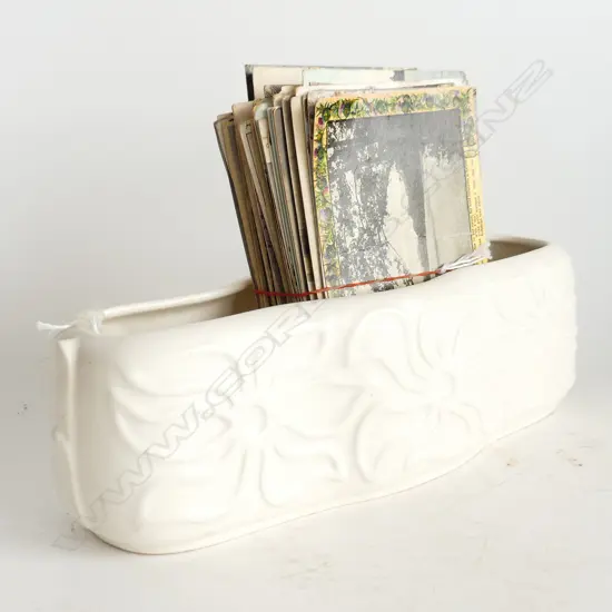 MOULDED CROWN LYNN FLOWER TROUGH NUMBER DOT 107 1950S MARK. WITH QUANTITY OF POSTCARDS.L.250mm