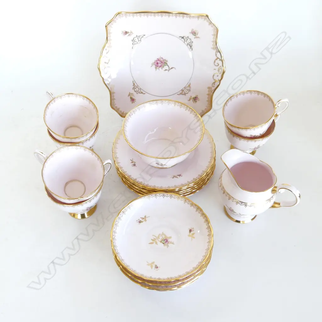 21 PC TUSCAN TEA SET; CAKE PLATE, JUG & SUGAR BOWL, 6 TRIOS. PINK WITH PINK ROSES, 1 CUP HAS CRACK Image 1++