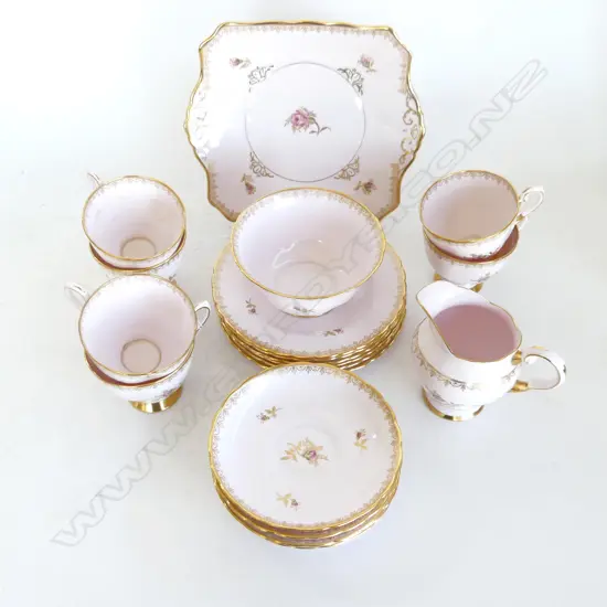 21 PC TUSCAN TEA SET; CAKE PLATE, JUG & SUGAR BOWL, 6 TRIOS. PINK WITH PINK ROSES, 1 CUP HAS CRACK