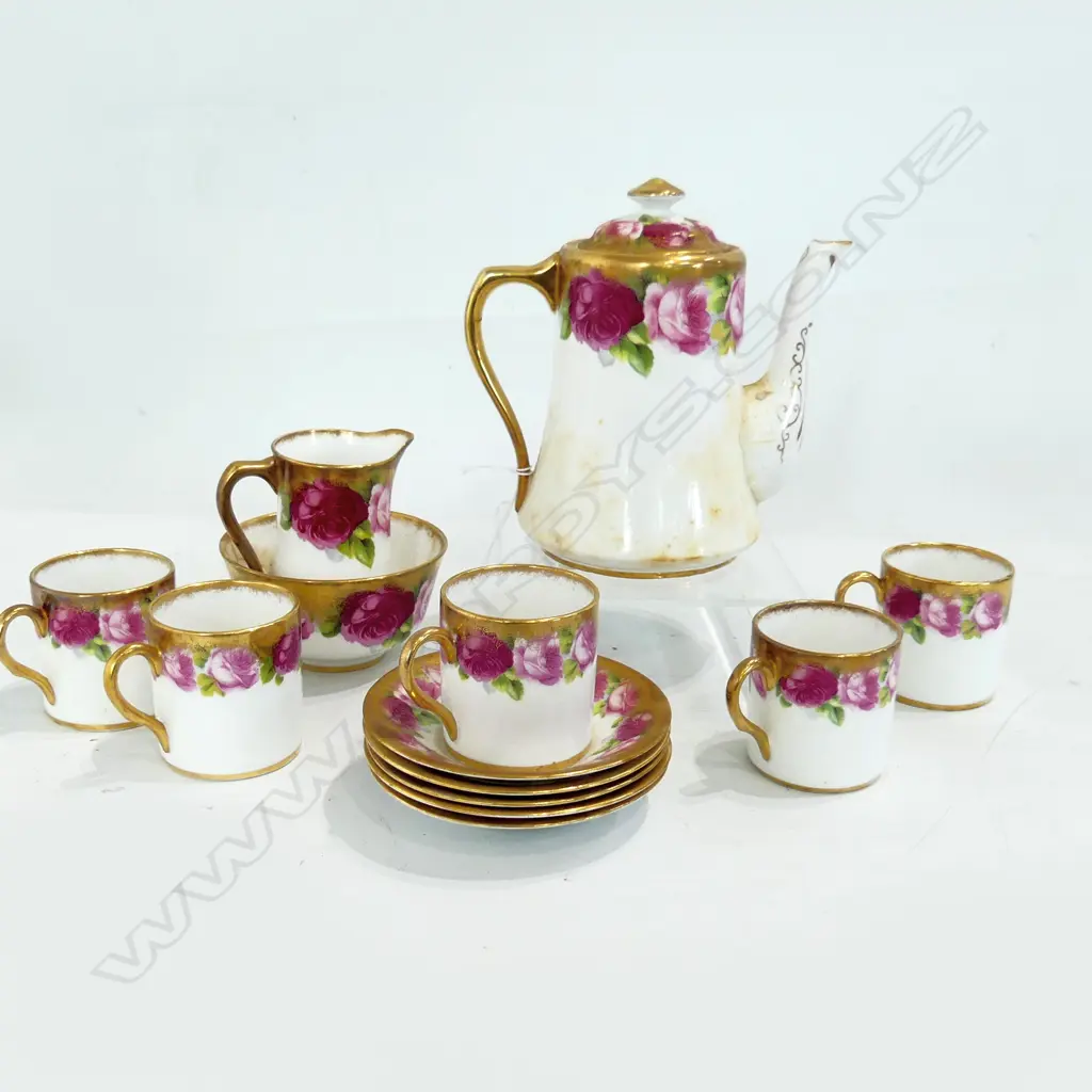 R/A OLD ENGLISH ROSE COFFEE SET (AF) COFFEE POT CREAM JUG SUGAR BOWL CRACKED & 5 COFFEE CANS & SAUCERS Image 1++