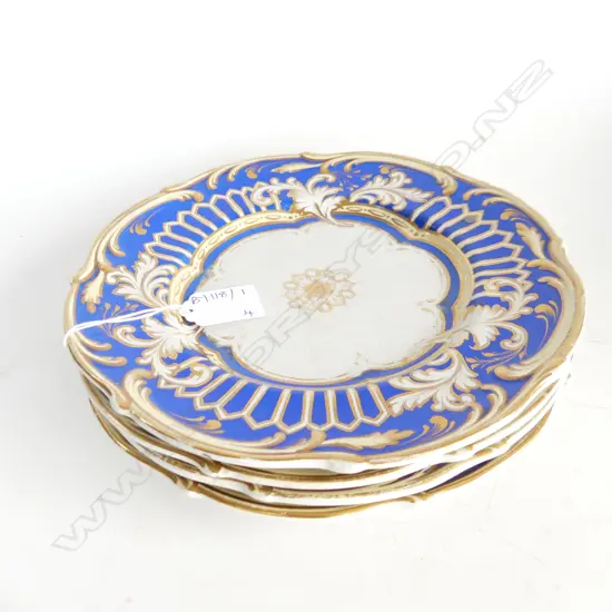 4 ANTIQUE 19thC DESSERT PLATES; BLUE & GOLD 225mm dia