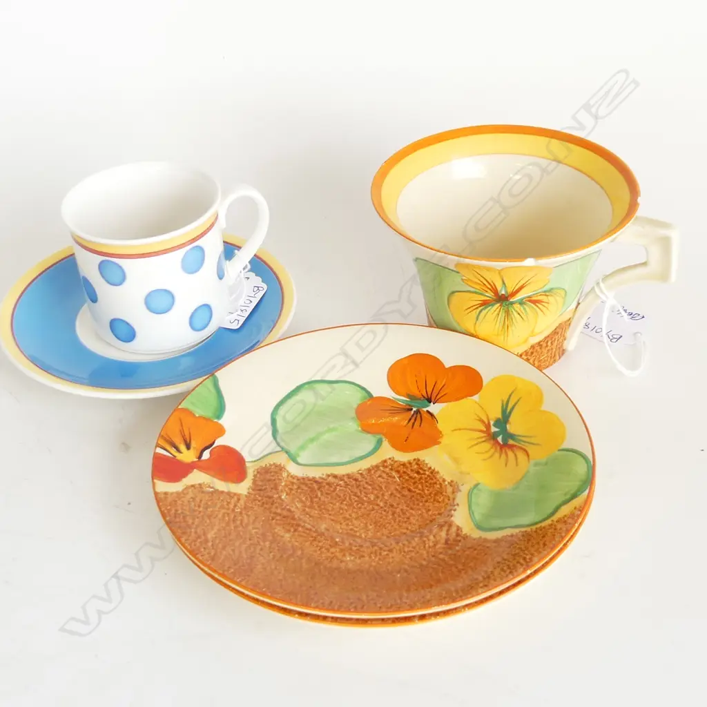 2 C/S; CLARICE CLIFF NASTURTIUM (RIM CHIPS) + 2 SAUCERS 150mm dia + DEMITASSE... Image 1++