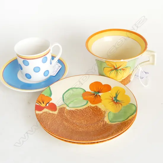 2 C/S; CLARICE CLIFF NASTURTIUM (RIM CHIPS) + 2 SAUCERS 150mm dia + DEMITASSE...