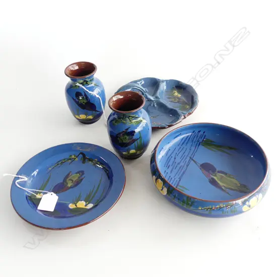 5 PCS BLUE TORQUAY WITH BIRDS PR VASES H115MM BOWL DIA180MM PLATE DIA180MM & DISH WITH HANDLE DIA180MM