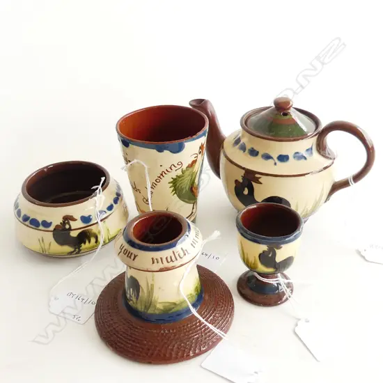 5PCS TORQUAY CHINA ROOSTER PAT TEAPOT H110MM BEAKER H95MM VESTA HOLDER BOWL & EGG CUP 