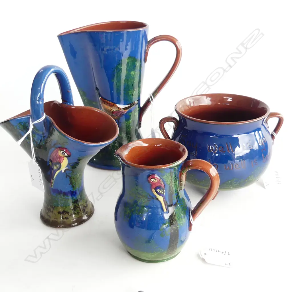 4PCS BLUE TORQUAY CHINA WITH PARROT PAT 2 JUGS TALLEST200MM VASE H180MM & CAULDRENH110MM Image 1++
