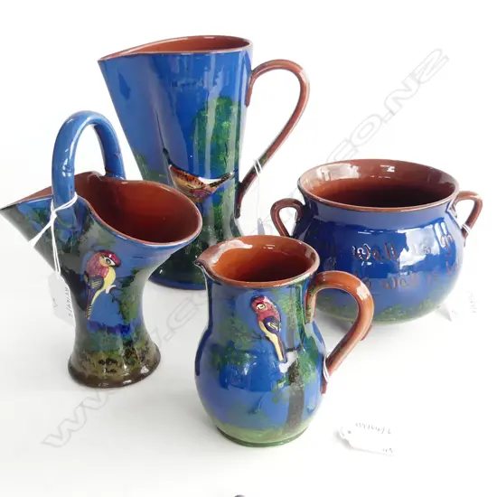 4PCS BLUE TORQUAY CHINA WITH PARROT PAT 2 JUGS TALLEST200MM VASE H180MM & CAULDRENH110MM