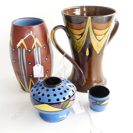 4 PCS TORQUAY CHINA GEOMETRIC PATS LARGE 2 HANDLED VASE H200MM  ANOTHER VASEH180MM  HATPIN HOLDER H85MM & EGG CUP