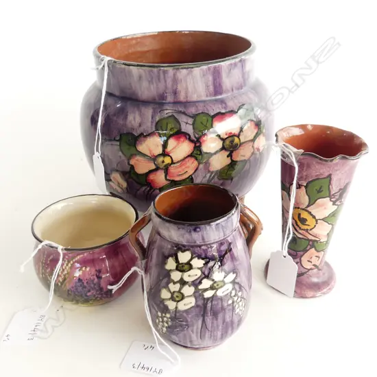 4 PCS TORQUAY CHINA MAUVE COULOR WITH FLOWERS JARDINEER H165MM 2 SMALL VASES TALLEST 120MM & SMALL POT H60MM