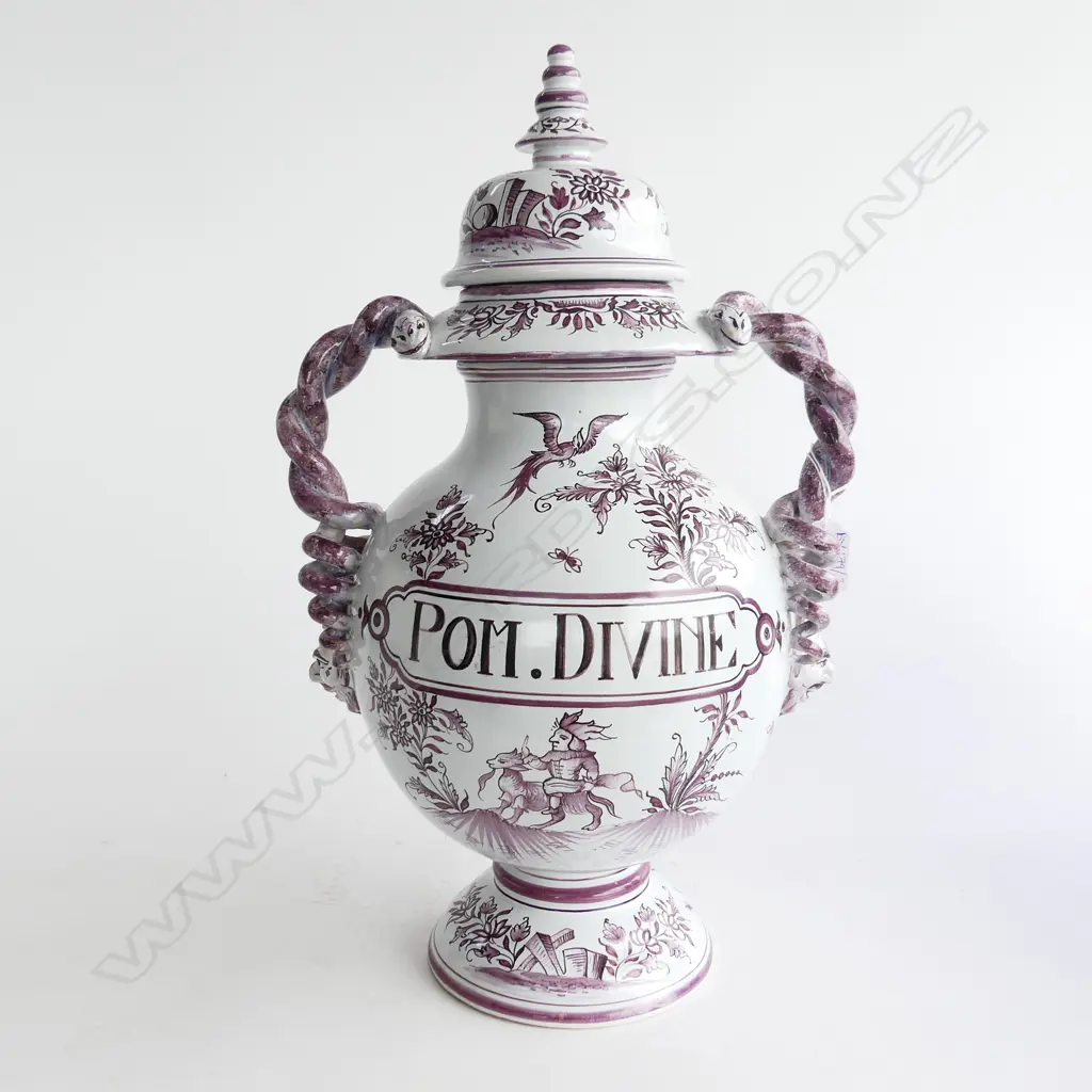LG ITALIAN ANTIQUE STYLE TIN GLAZED LIDDED APOTHECARY JAR 'POM DIVINE' w. TWISTED SNAKE HANDLES H.470mm Image 1++