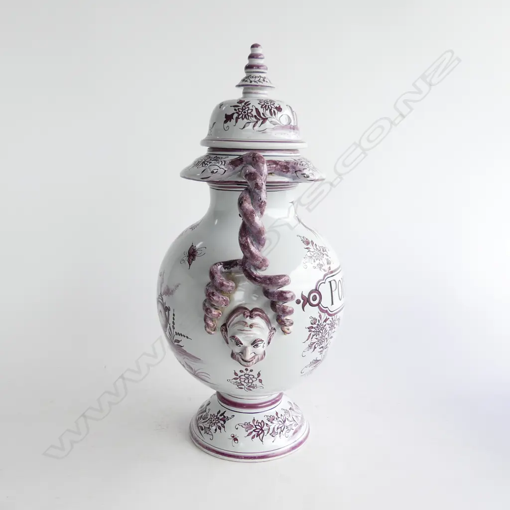 LG ITALIAN ANTIQUE STYLE TIN GLAZED LIDDED APOTHECARY JAR 'POM DIVINE' w. TWISTED SNAKE HANDLES H.470mm Image 1++