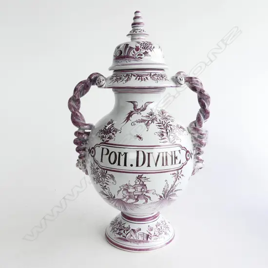 LG ITALIAN ANTIQUE STYLE TIN GLAZED LIDDED APOTHECARY JAR 'POM DIVINE' w. TWISTED SNAKE HANDLES H.470mm