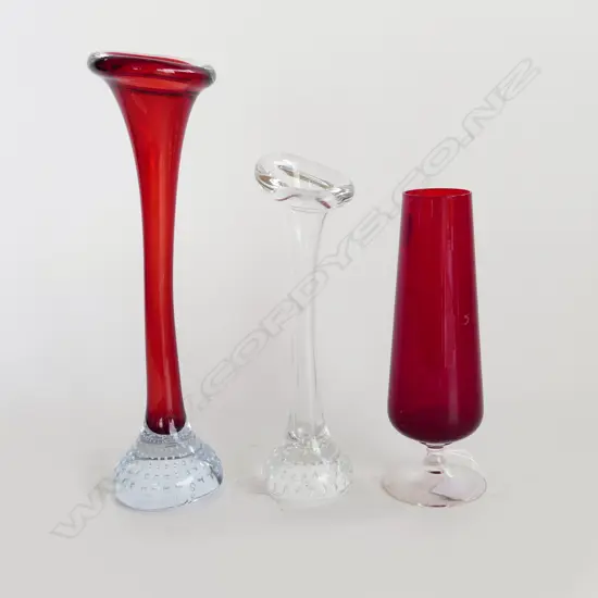 3 GLASS BUD VASES, 2 ASEDI, 1 WHITEFRIARS H.280mm
