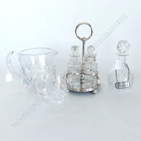 2 CUT CRYSTAL JUGS (H. 155,100mm) & SM DECANTER WITH PORT LABEL & SILVER PLATE & GLASS 4 PC CRUET SET WITH STAND