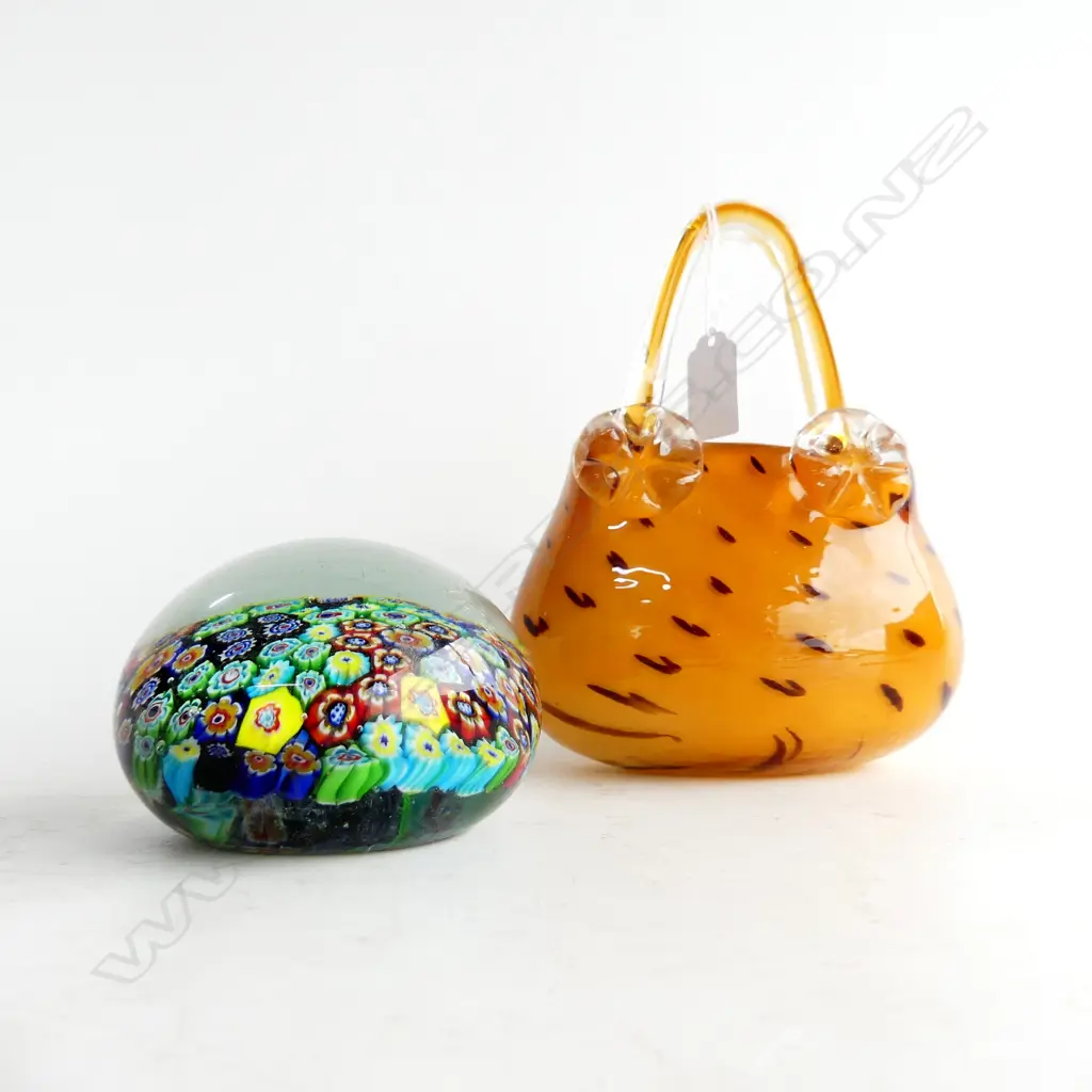 2 PCES ART GLASS; MILLEFIORI PAPERWEIGHT 100mm dia, HAND BAG Image 1++