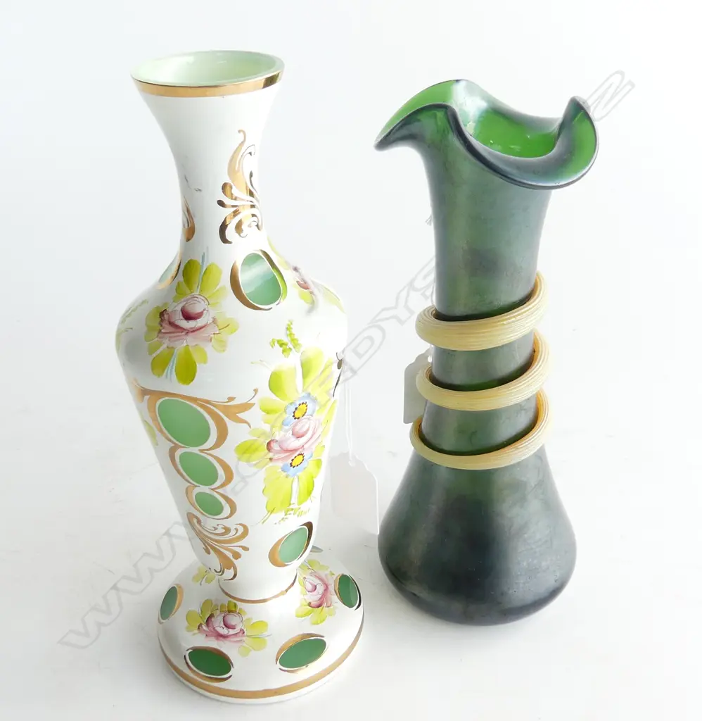 BOHEMIAN GLASS VASE H230MM & LOTZE STYLE GREEN GLASS VASE H210MM Image 1++