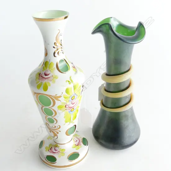 BOHEMIAN GLASS VASE H230MM & LOTZE STYLE GREEN GLASS VASE H210MM