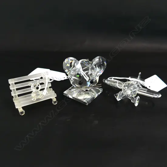 3 PCS SWAROVSKI CRYSTAL, BEAR ON BENCH, MOUSE & AIRPLANE